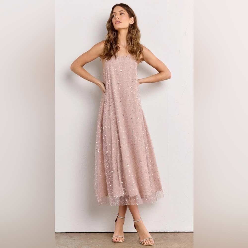 Just Me Sequin Embellished A-Line Relaxed Fit Sleeveless Mesh Overlay Midi Dress